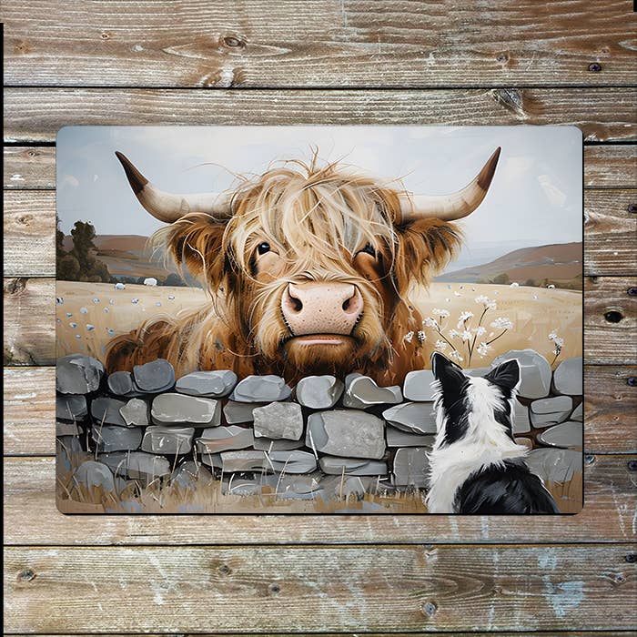 Highland Cow Sheep Dog Stone Wall | Metal Sign Plaque