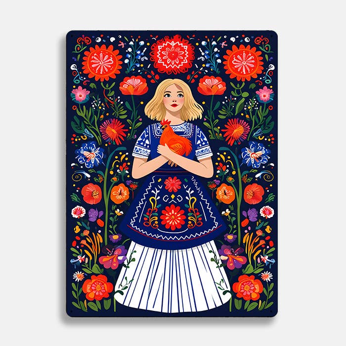 Women Hen Chicken Floral scandinavian folk | Metal Sign Plaque