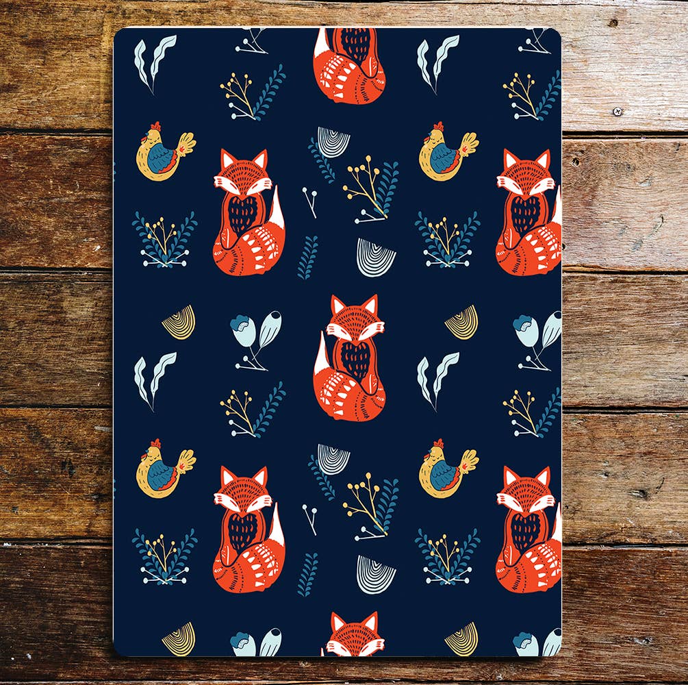 Fox hen chicken leaves pattern red berry | Metal Sign plaque