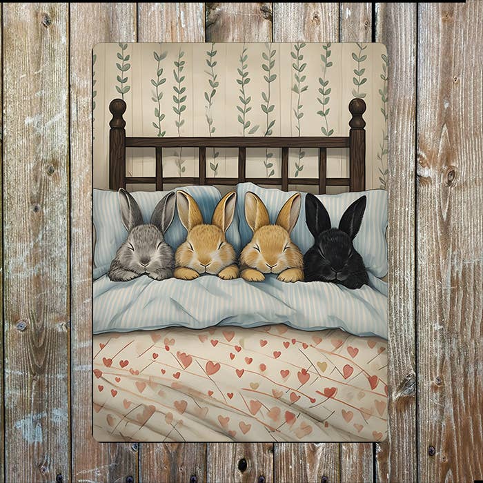 Four Bunny Rabbits Bed Watercolour Spring | Metal Sign Plaque