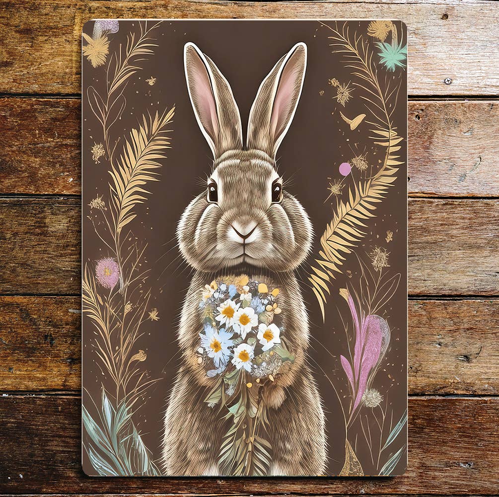 Rabbit Holding Bunch Flowers Metal Sign Plaque