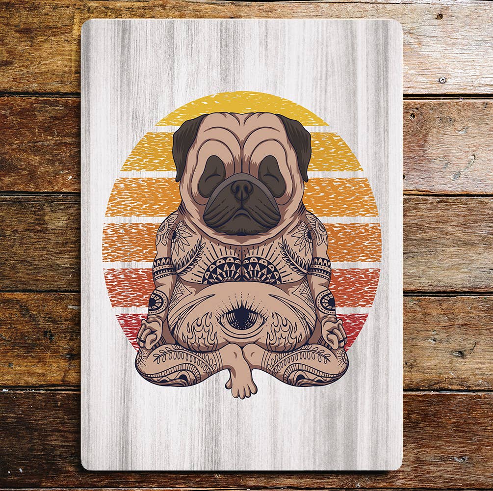 Yoga Pug Dog Sunset Pet Art | Metal Sign Plaque