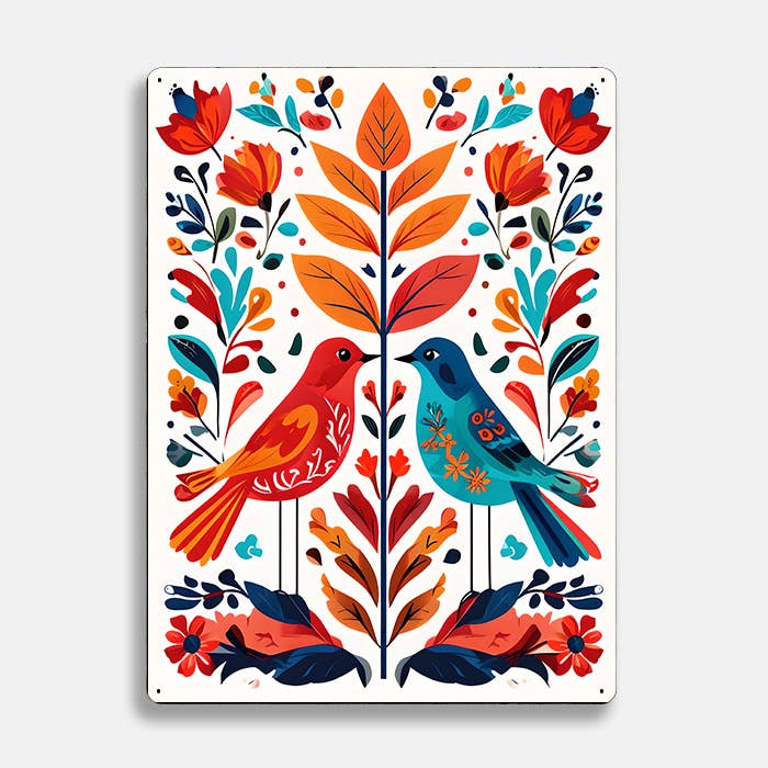 Vibrant Birds Flowers scandinavian folk | Metal Sign Plaque