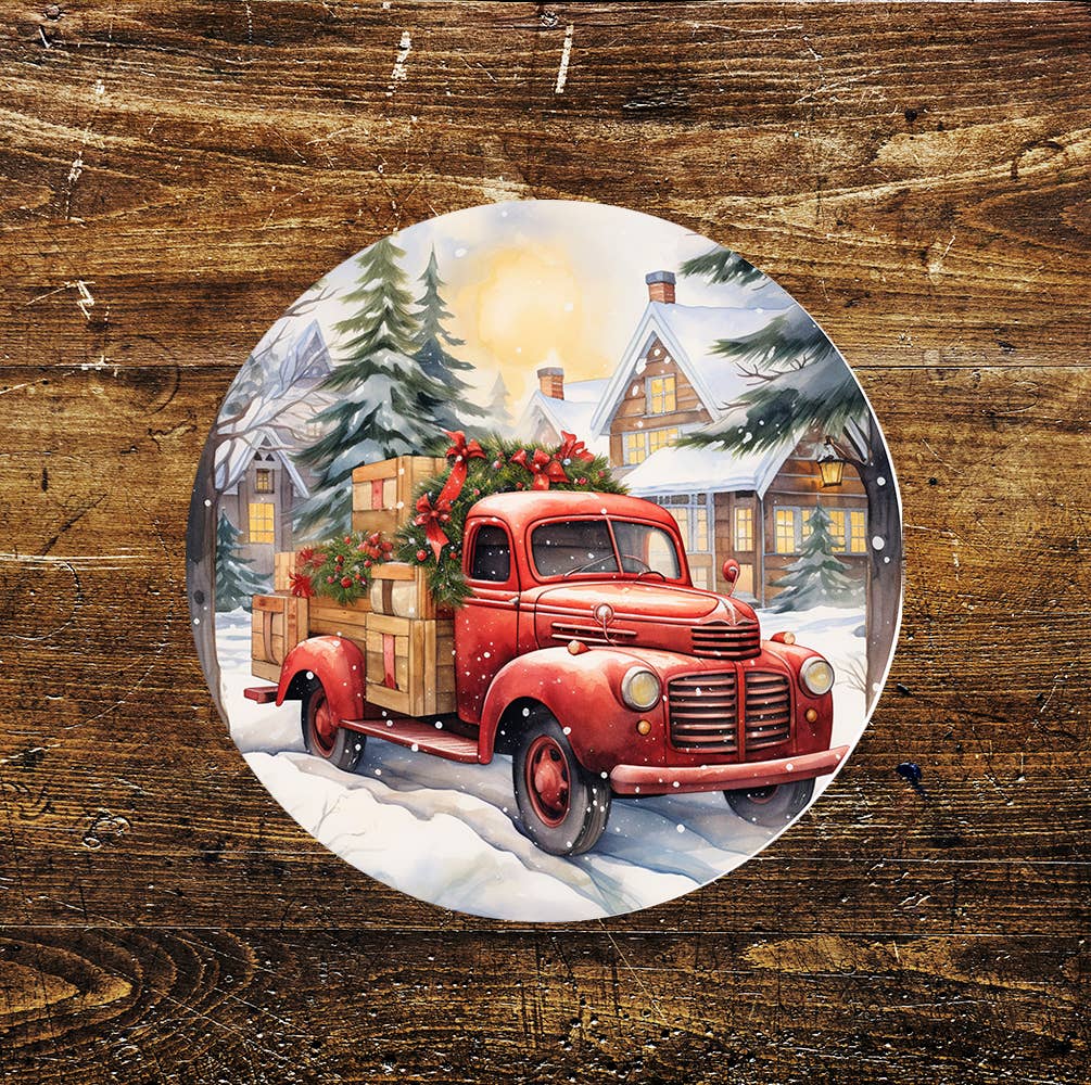 Vintage Christmas Scene Wall Art Circle Metal Sign