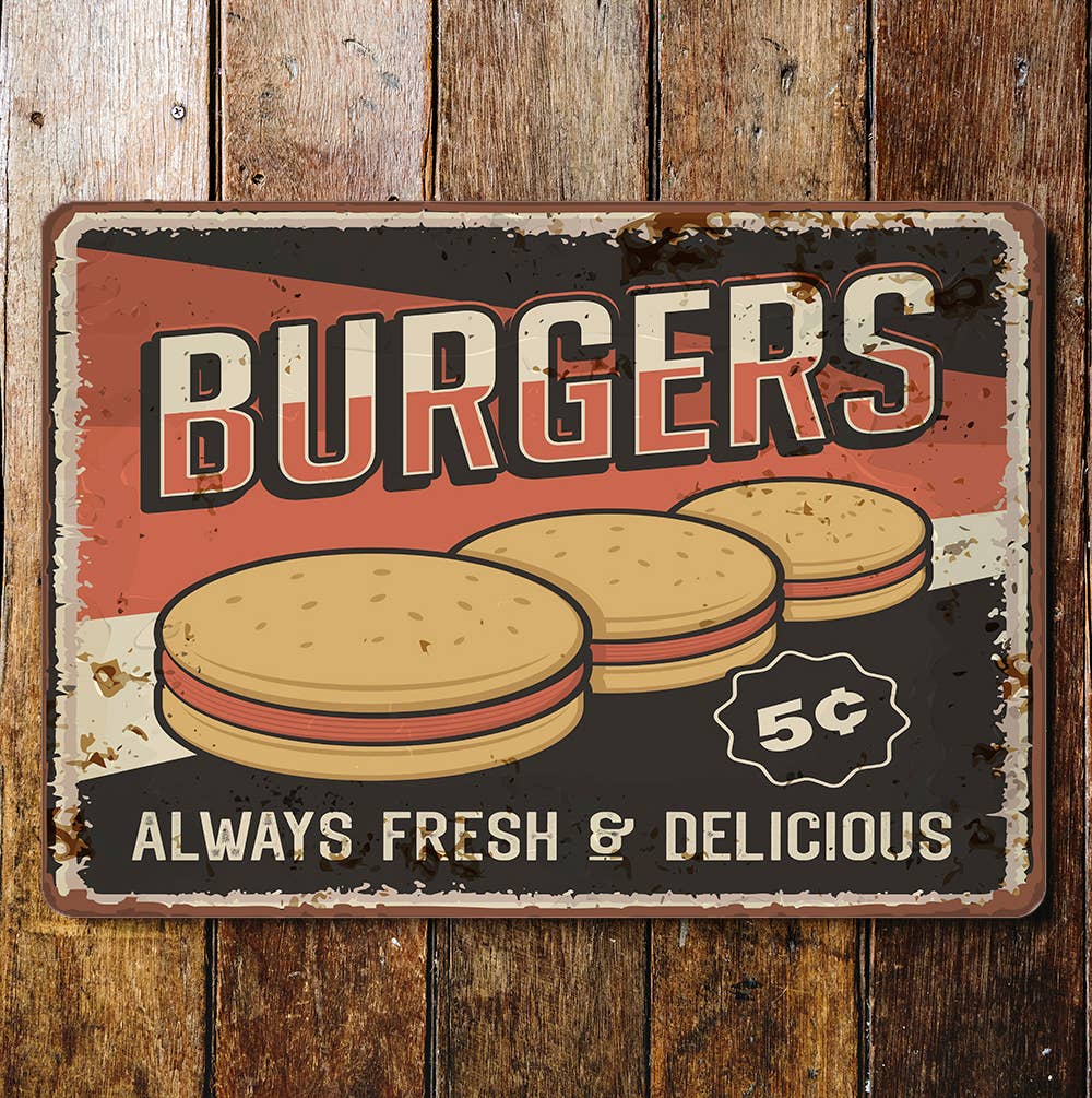 Retro Burger Metal Wall Sign Plaque