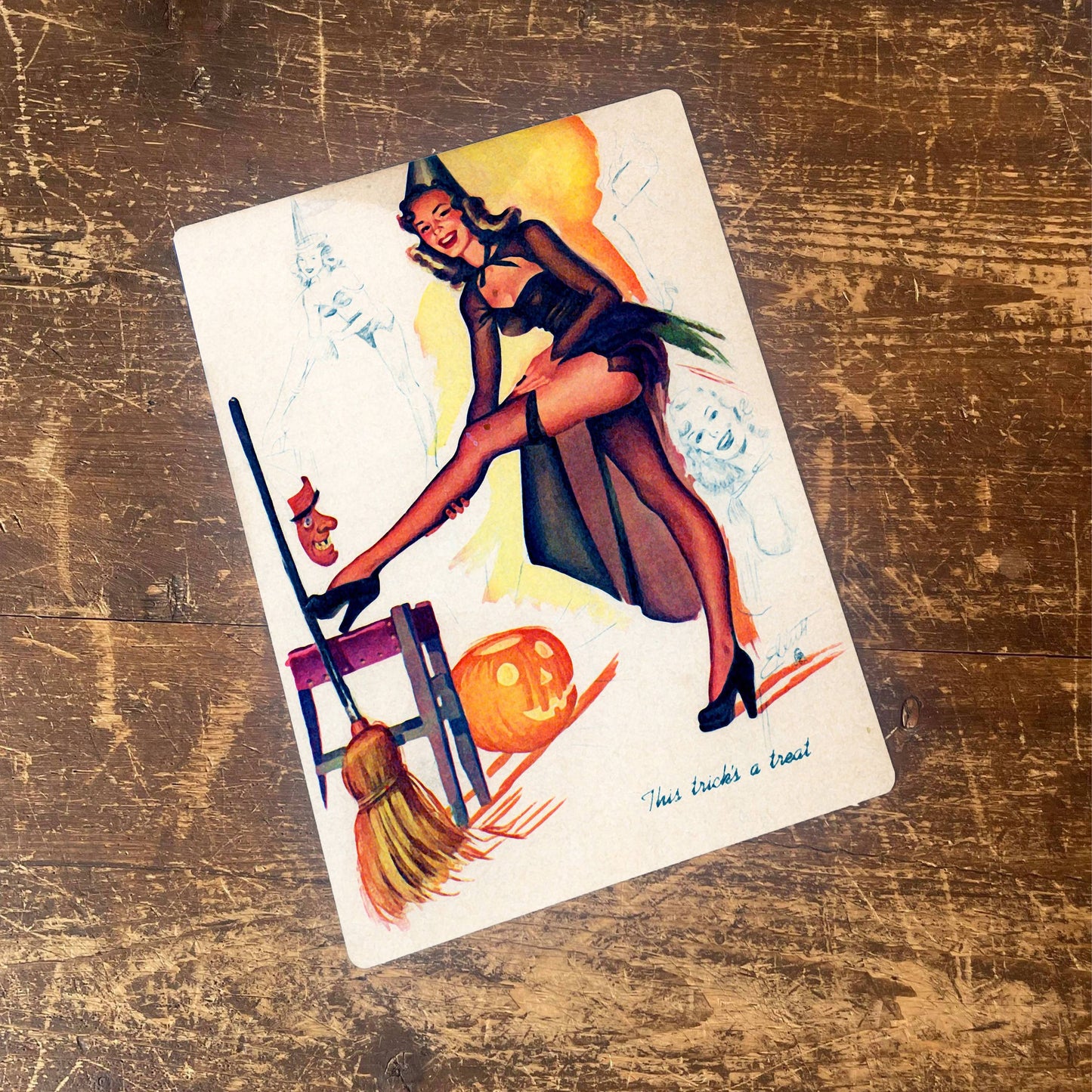 Pinup Girl Witch Pumpkin Broom Metal Wall Sign