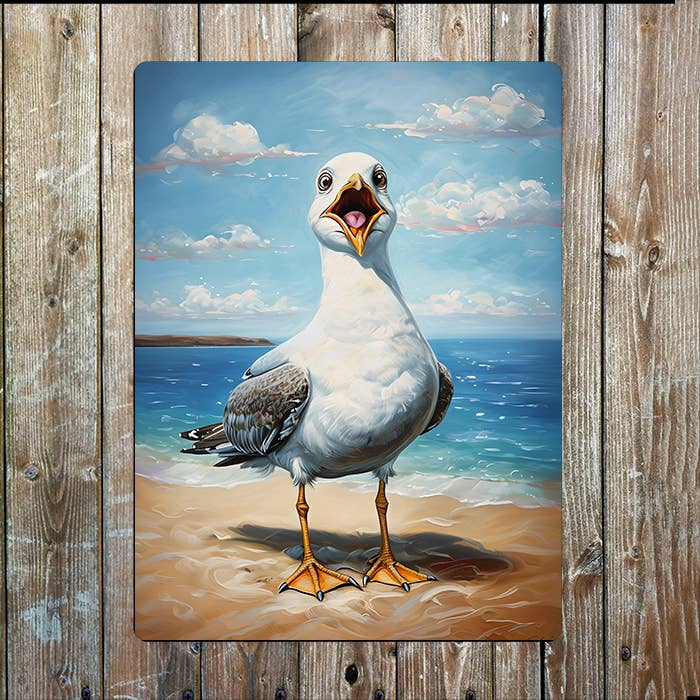 Seagull Surprised On Beach Sea Nautical Metal Sign Plaque
