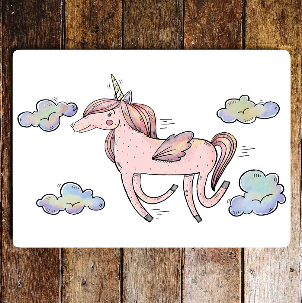 Cute Pink Unicorn Flying In Clouds | Metal Sign Plaque