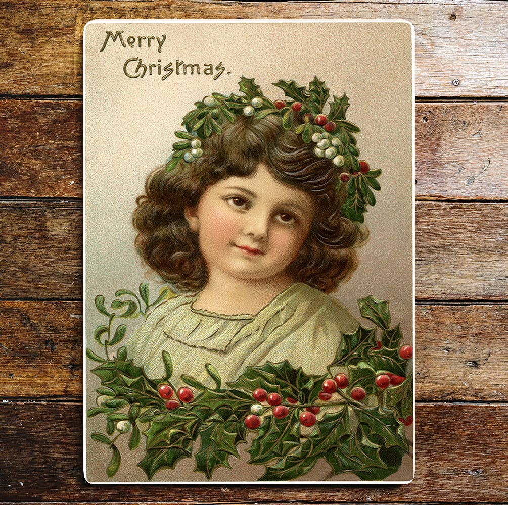 Angelic Girl Merry Christmas Holly | Metal Sign Plaque