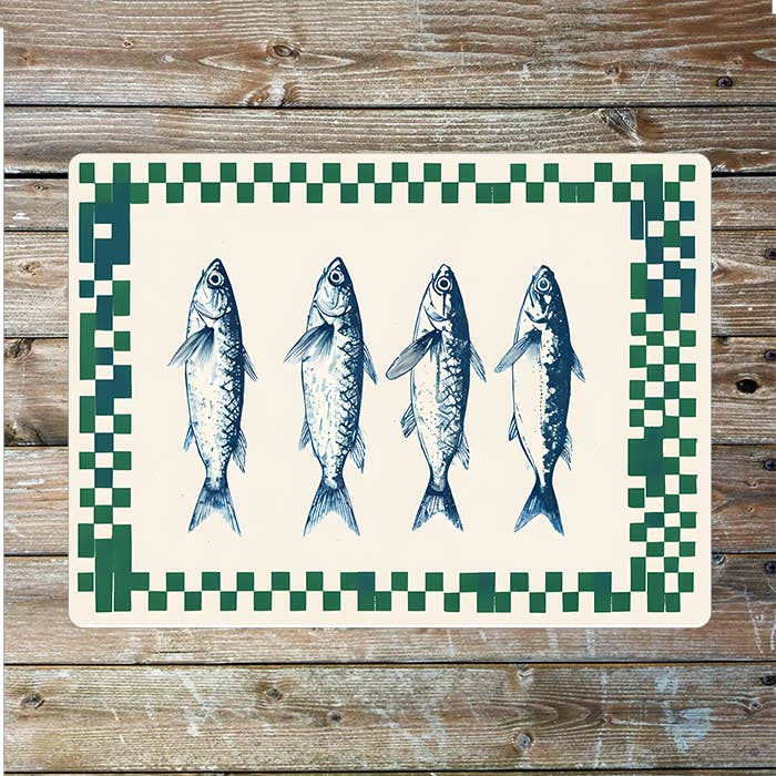 Sardines Illustration Checkered Green Metal Sign Plaque