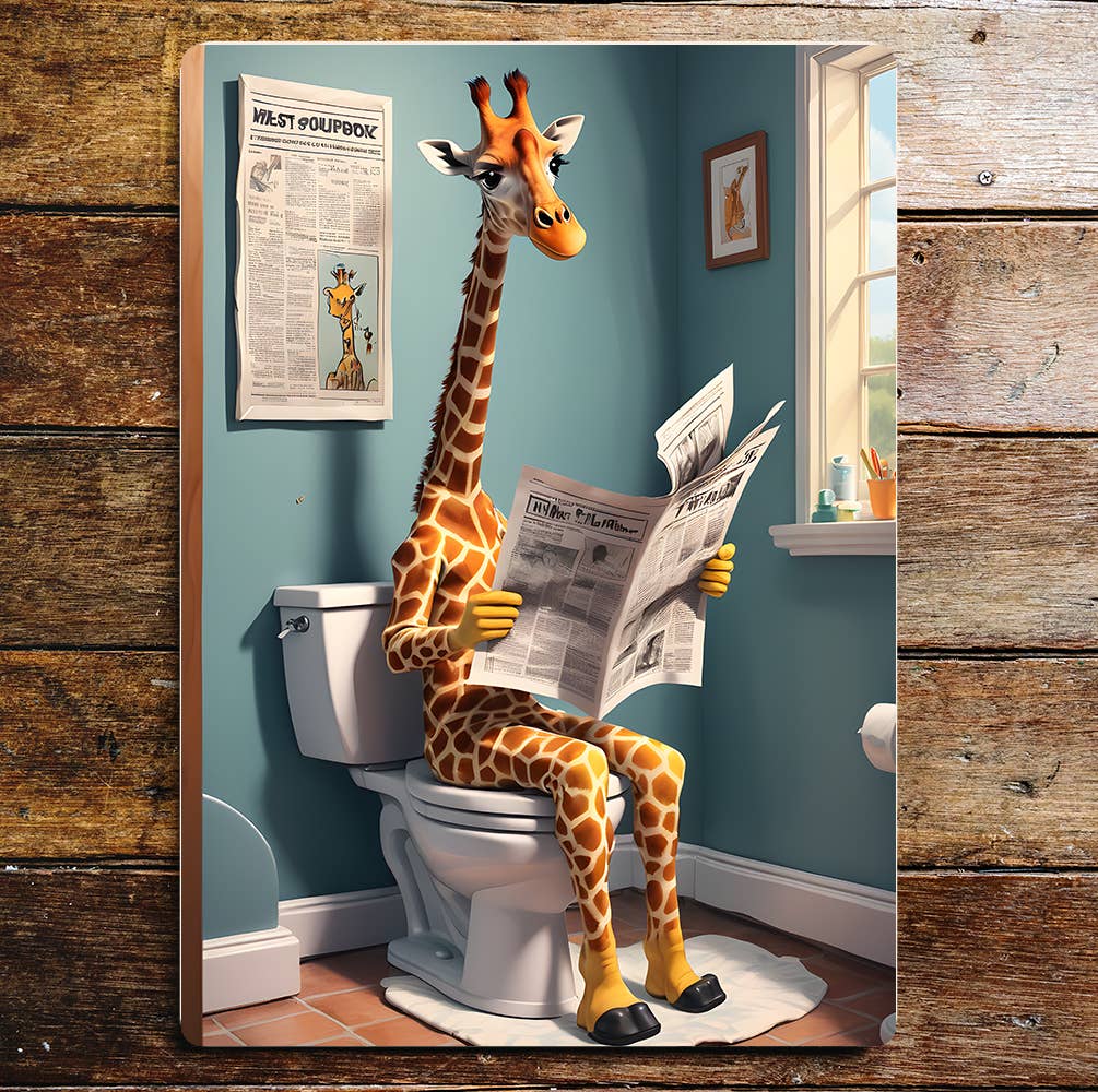 Giraffe on the Toilet Newspaper funny | Metal Sign Plaque
