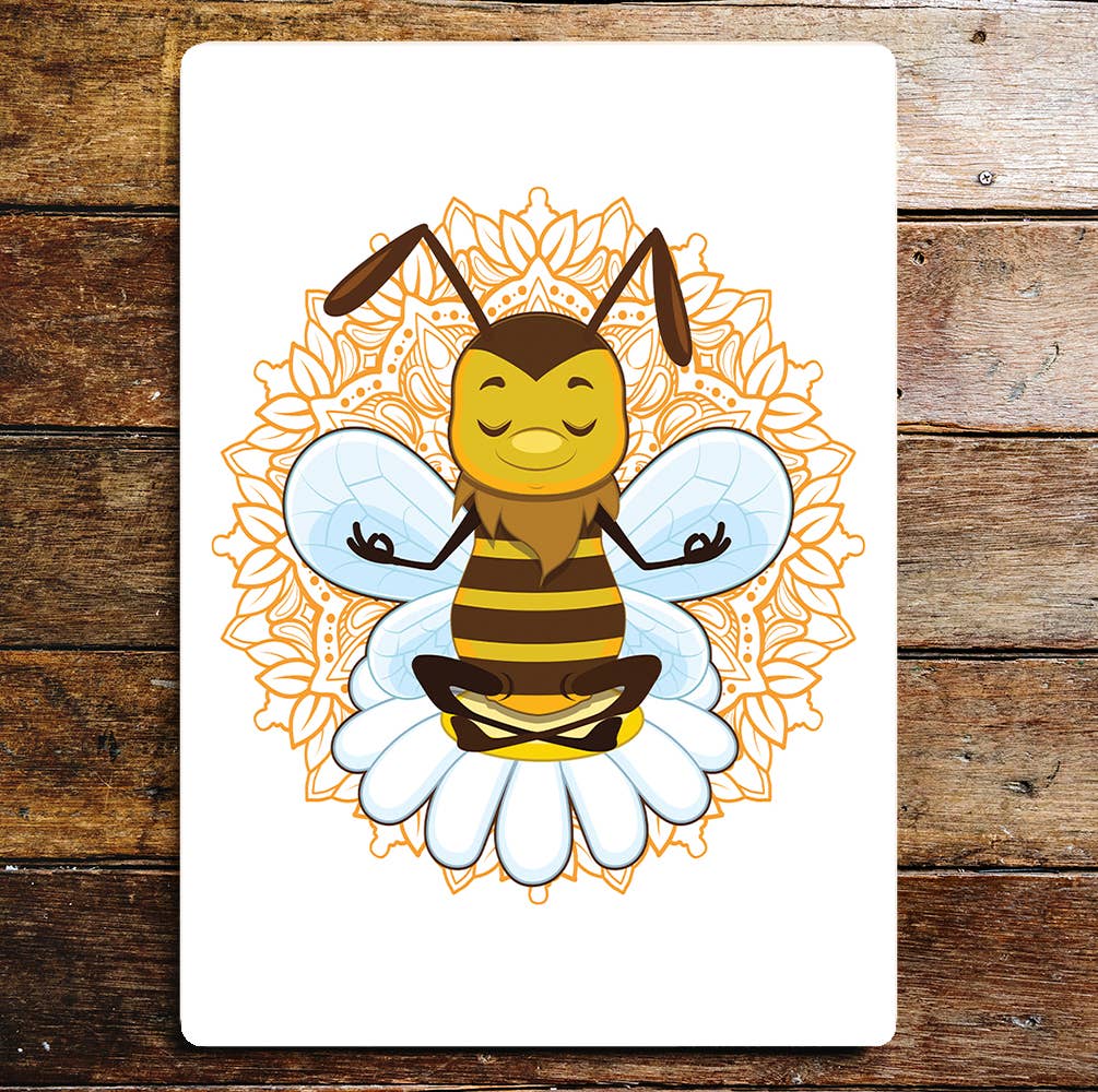 Bee happy daisy meditate yoga | Metal Sign plaque