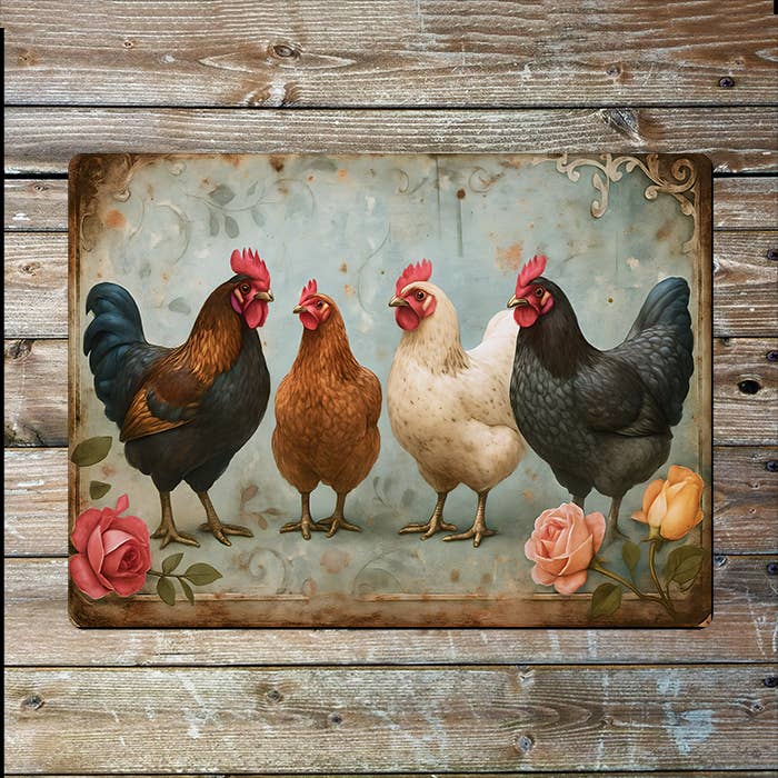 Vintage Four Chickens | Farm Farmhouse | Metal Sign Plaque