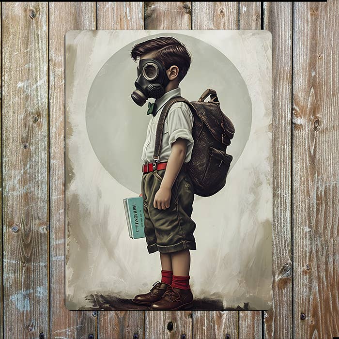 A Young Boy In Gas Mask| Metal Sign Plaque