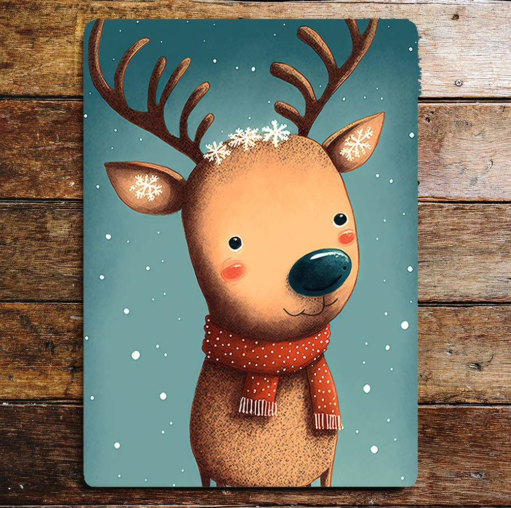 Cute Cartoon Reindeer Scarf Snow Antlers | Metal Sign Plaque