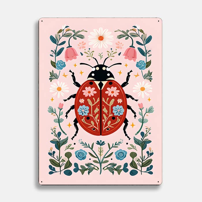 Red Ladybird flowers scandinavian folk Metal Sign Plaque