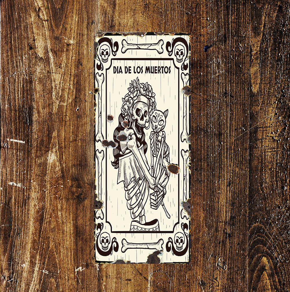 Day Of Dead Lady Skeleton Eternal Cat Art | Metal Sign