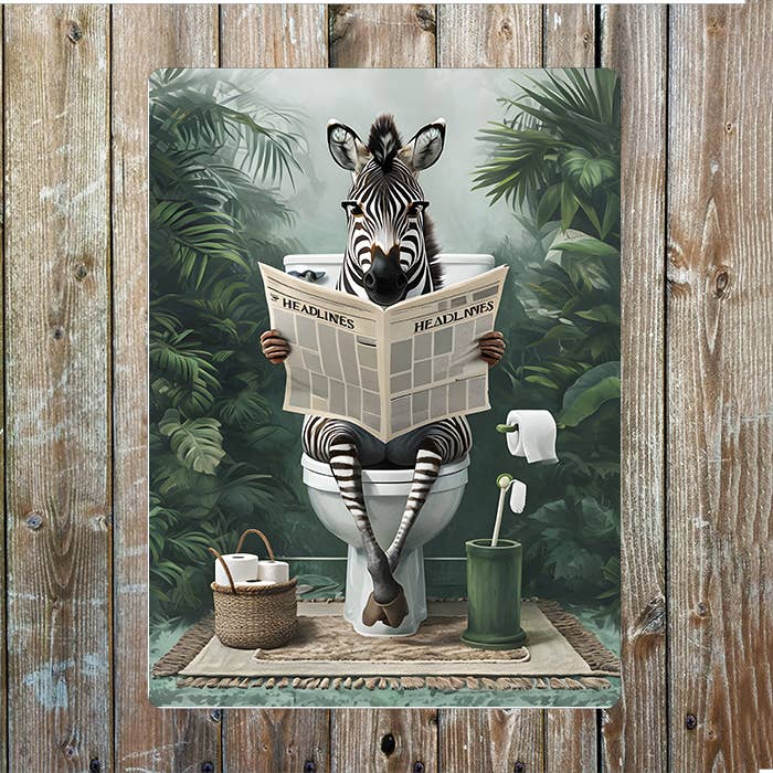 Zebra Reading Newspaper On Toilet | Bathroom| Metal Sign Plaque