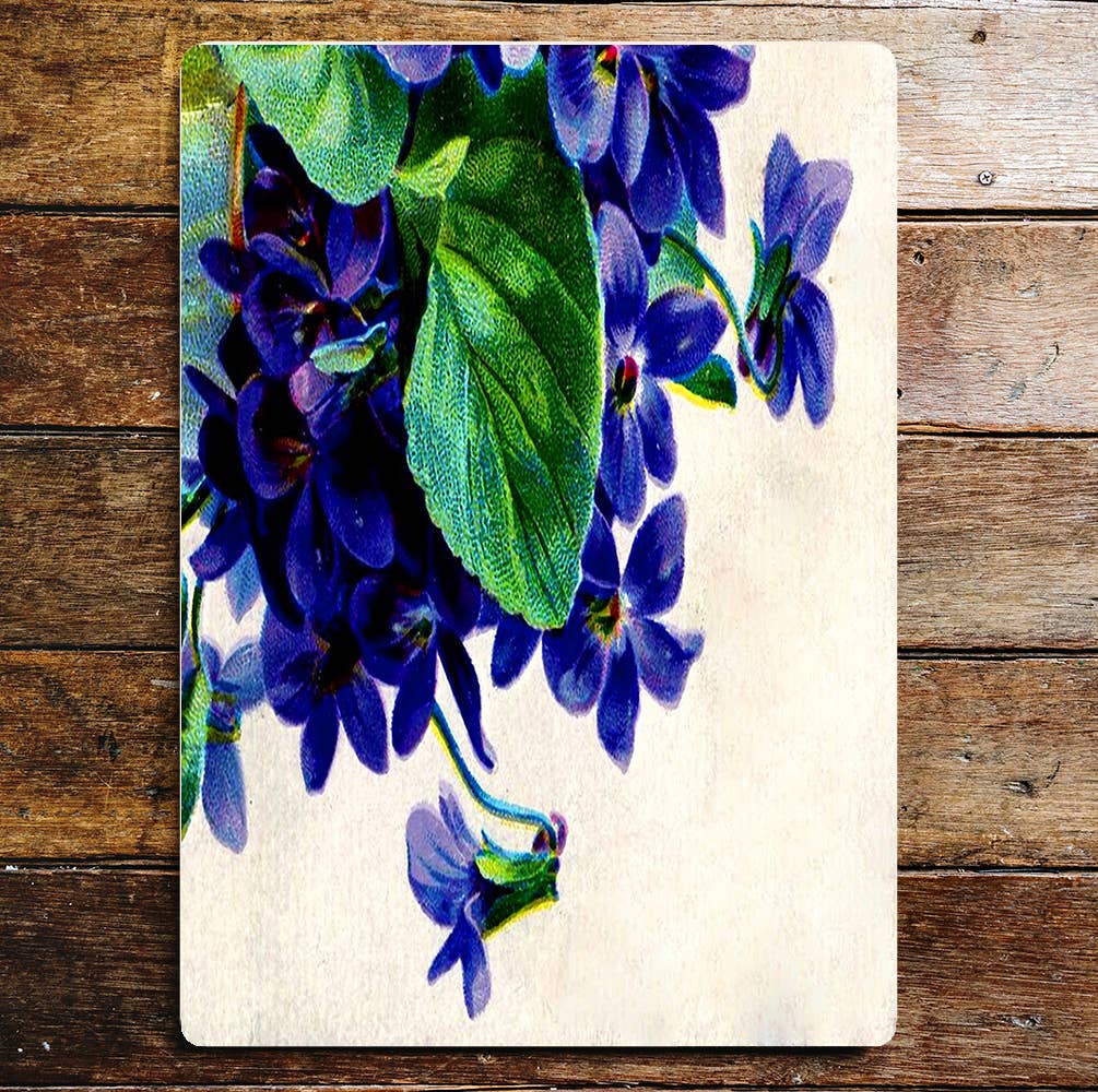 Purple Flowers Green Leaves Metal Wall Sign