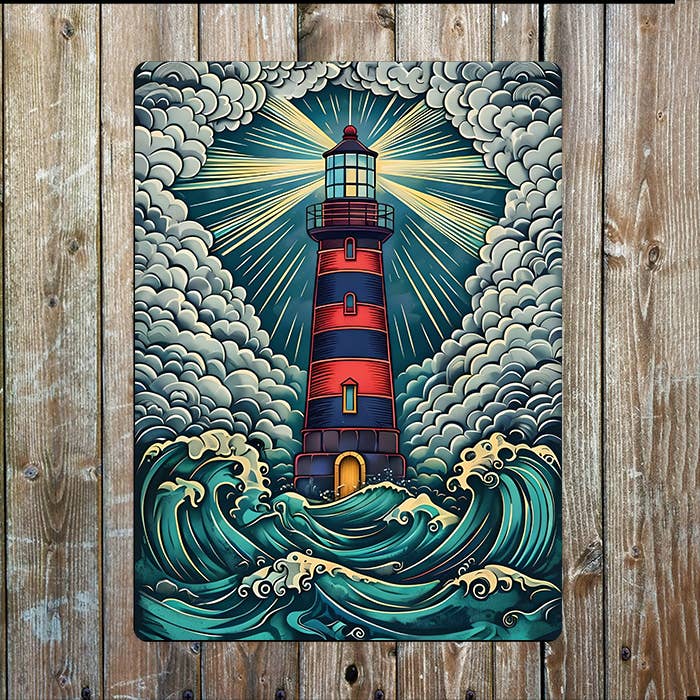 Colorful Lighthouse Waves Sea Nautical | Metal Sign Plaque