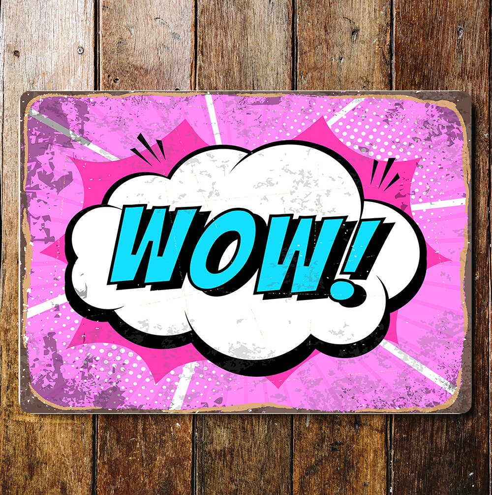 Wow Cartoon Pow Cloud Pink White Blue | Metal Sign Plaque