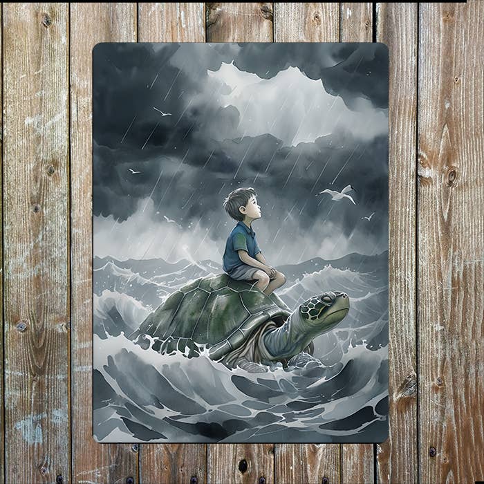 Boy Sitting On Turtle Sea Nautical | Metal Sign Plaque
