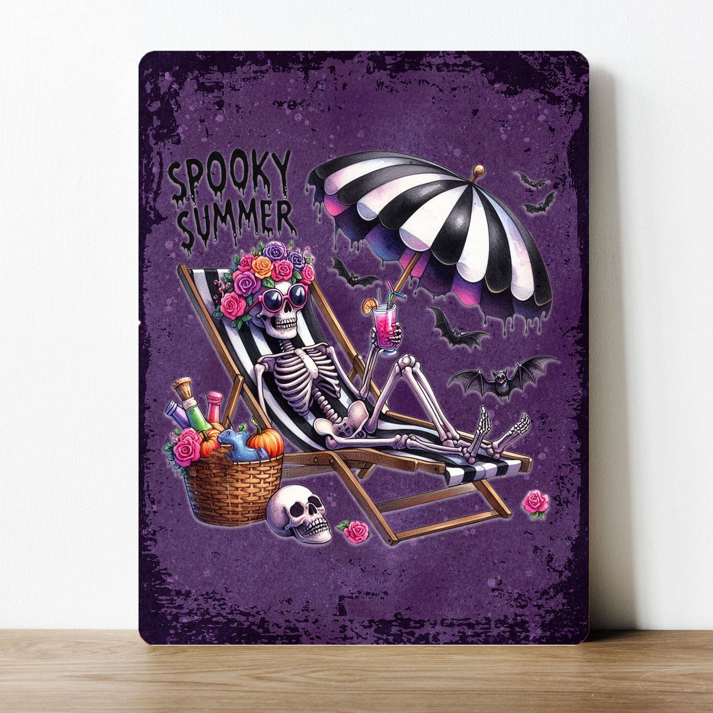 Spooky Summer Beach Skeleton Metal Sign Plaque