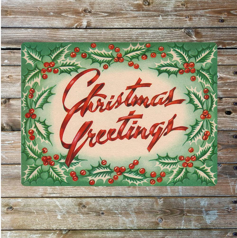 Christmas Greetings Green And Red Holly | Metal Sign Plaque