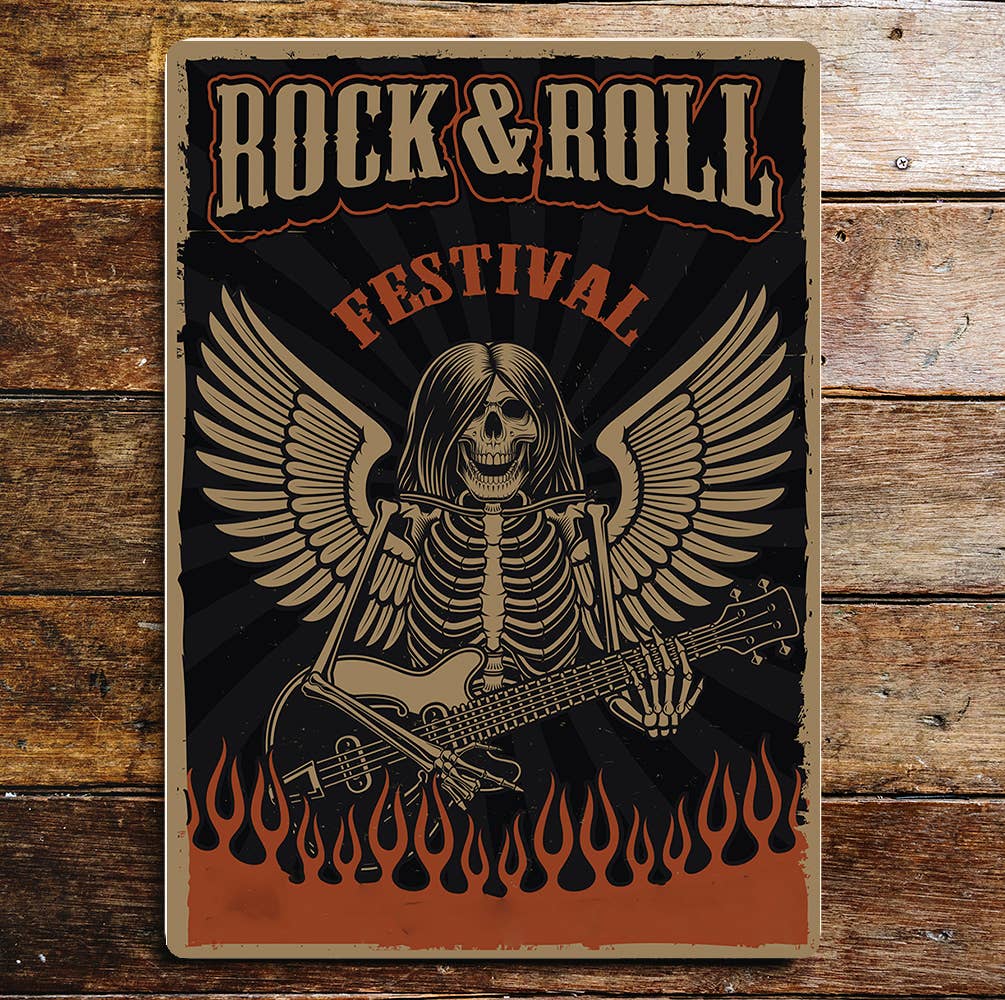 Rock & roll festival skeleton fire music Metal Sign plaque