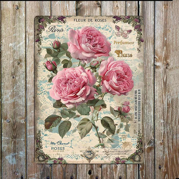 Vintage Floral Pink Rose Aged | Metal Sign Plaque