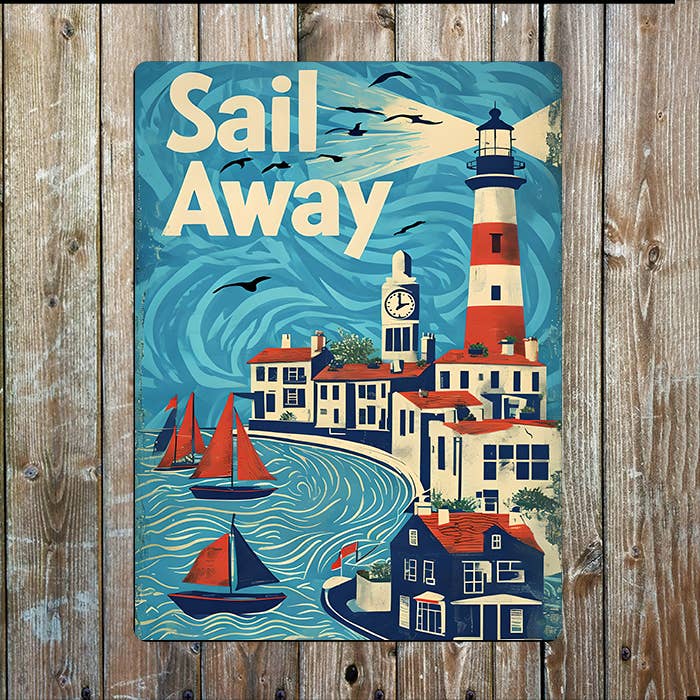 Sail Away Harbor Lighthouse Sea Nautical Metal Sign Plaque