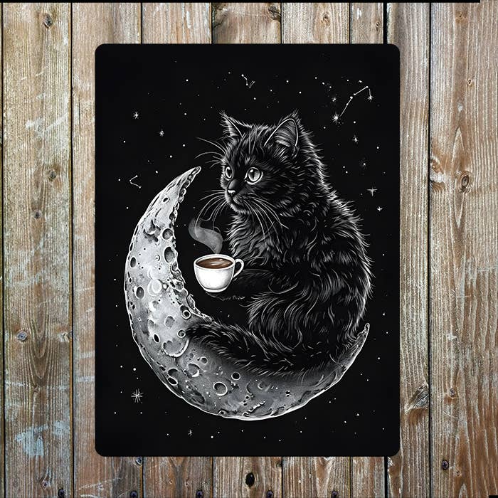 Cat Sitting On Crescent Moon Coffee | Metal Sign Plaque