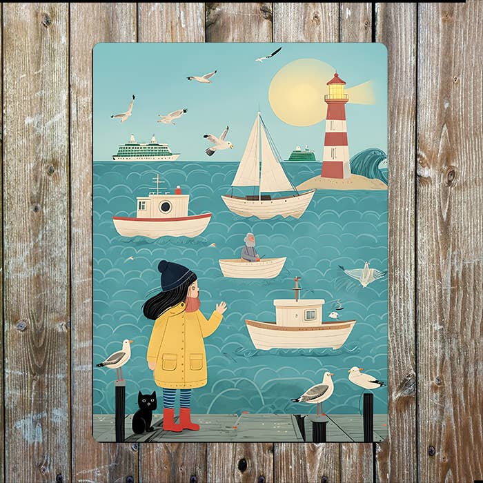 Girl, Cats, And Boats At Sea Nautical | Metal Sign Plaque