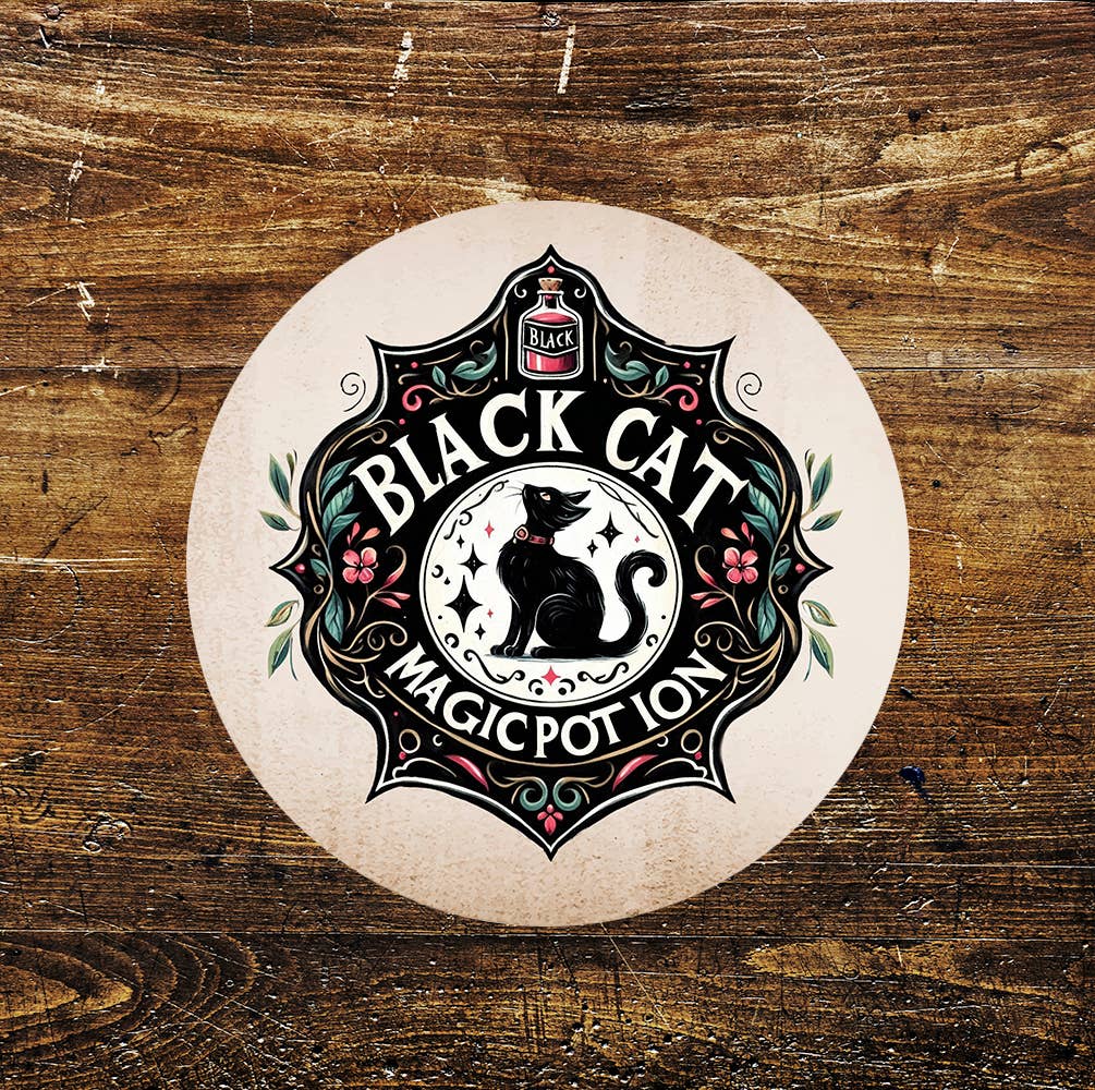 Black Cat Coffee Magic Pot Halloween Circle Metal Sign