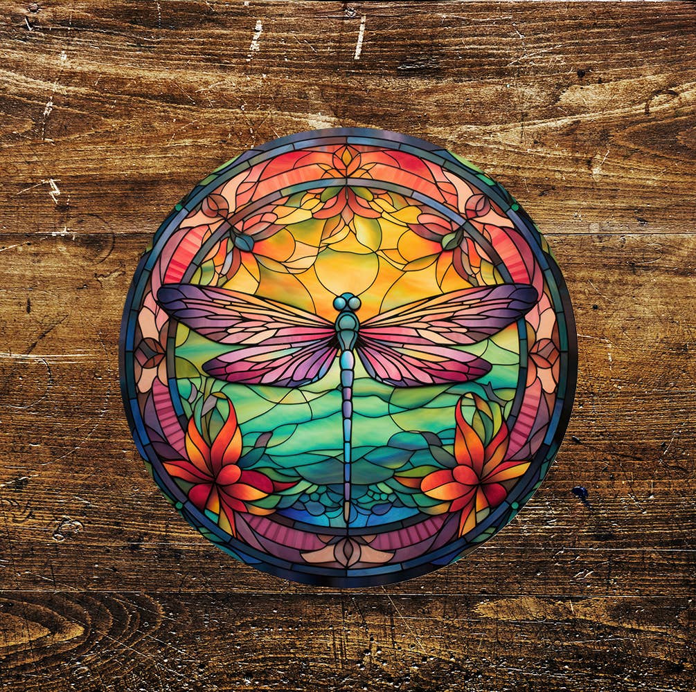 Dragonfly Pink Stained Glass affect Metal Sign Circle