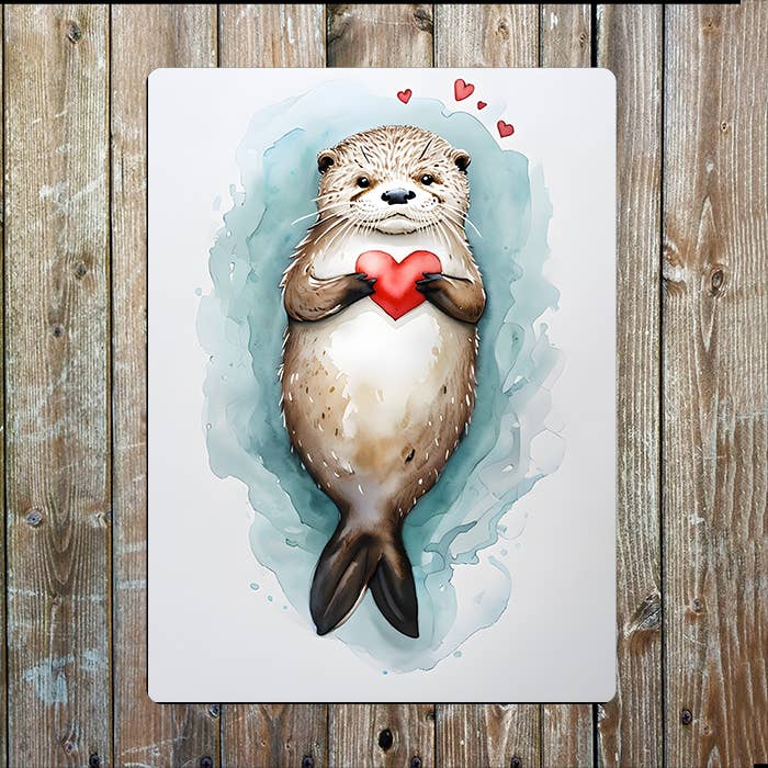 Otter Holding Heart Watercolour Spring | Metal Sign Plaque