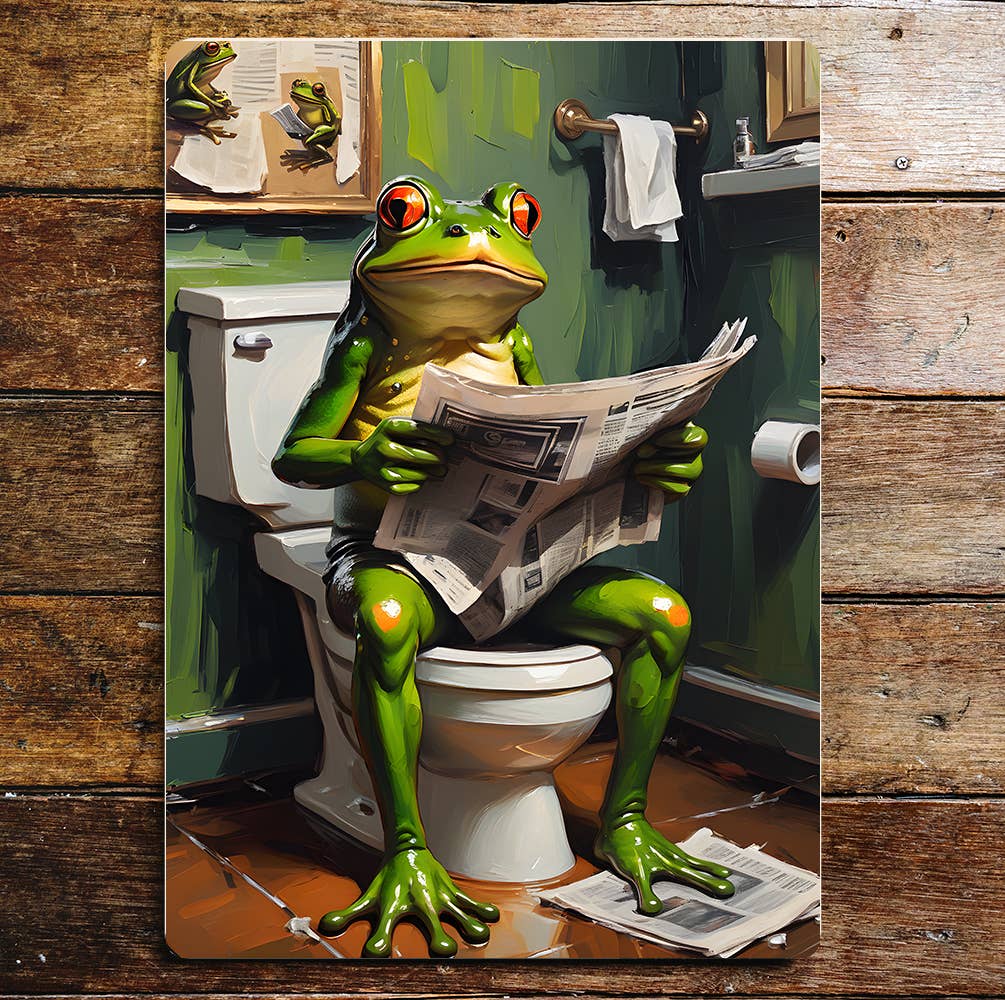 Frog on the Toilet Newspaper funny | Metal Sign Plaque