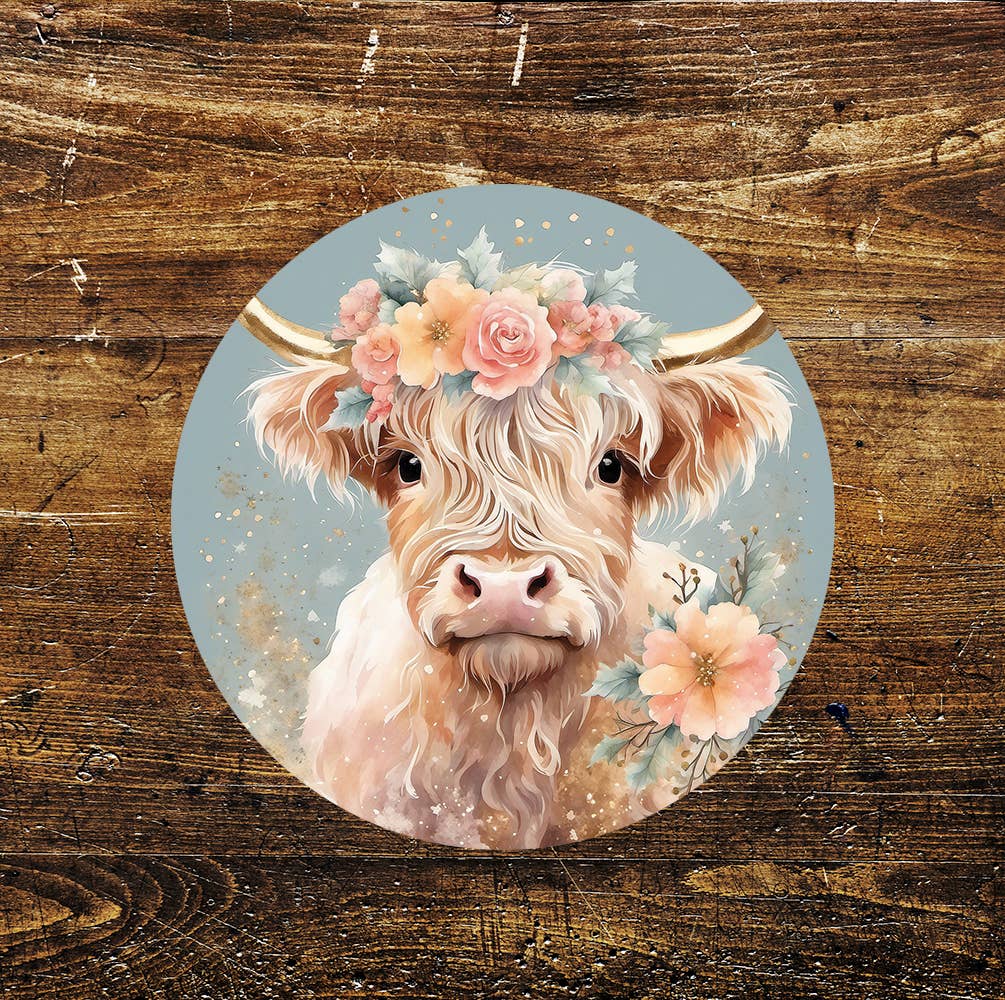 Baby Calf Cow Cute Stained Glass affect Circle Metal Sign