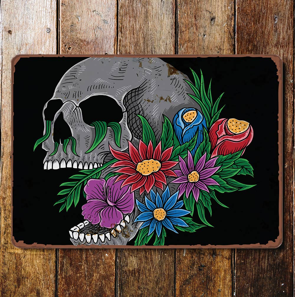 flower skull | Metal Wall Sign Plaque