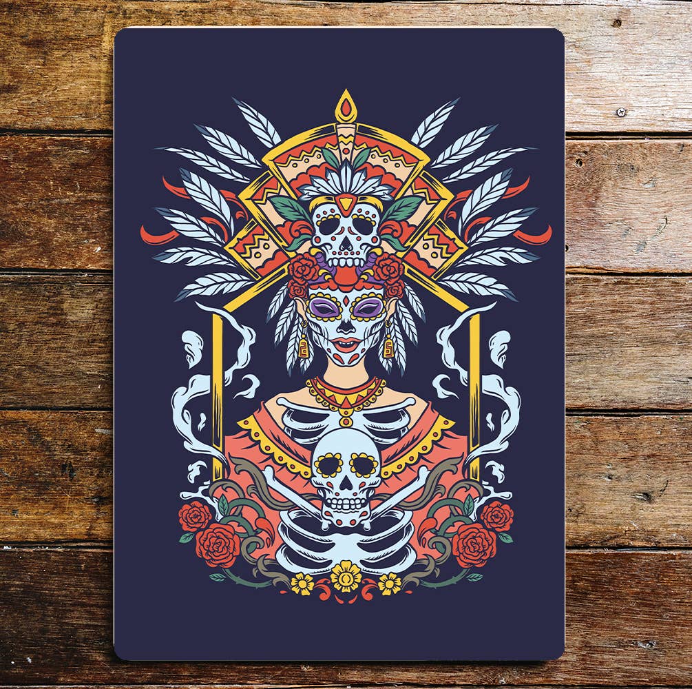 Day Of The Dead Skull Lady Flowers Roses | Metal Wall Sign