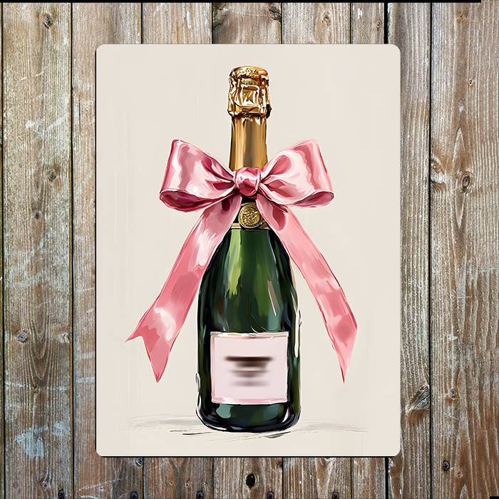 Champagne Bottle With Light Pink Bow | Metal Sign Plaque