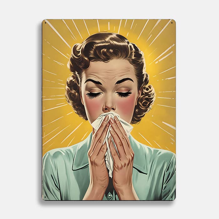 Woman Sneezing Vintage Retro | Metal Sign Plaque