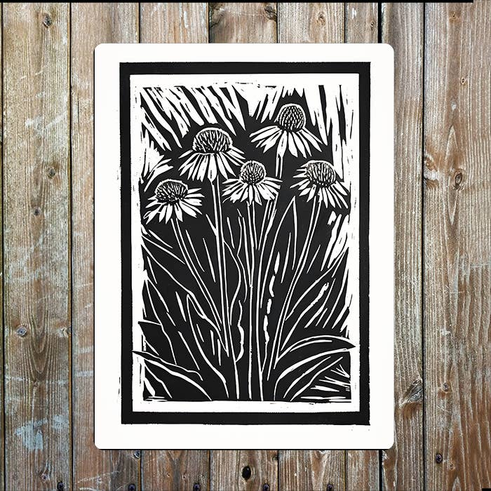 Coneflowers Flowers Linocut Style | Metal Sign Plaque
