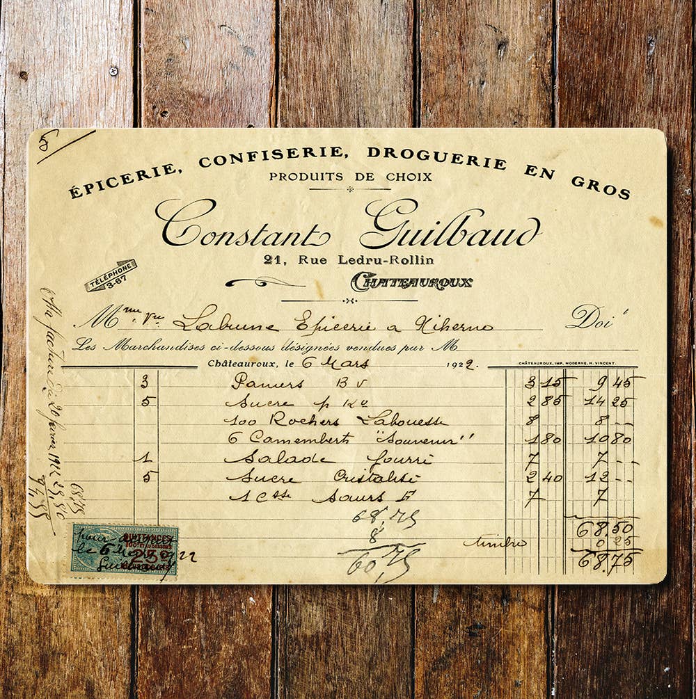 Constant Guilbaud 1922 Receipt | Metal Wall Sign