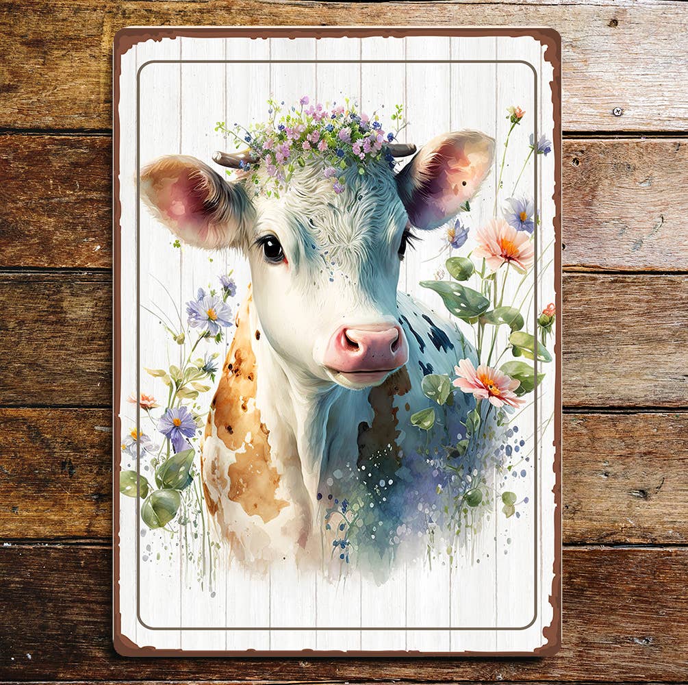 Brown White Cow With Flowers | Metal Sign Plaque