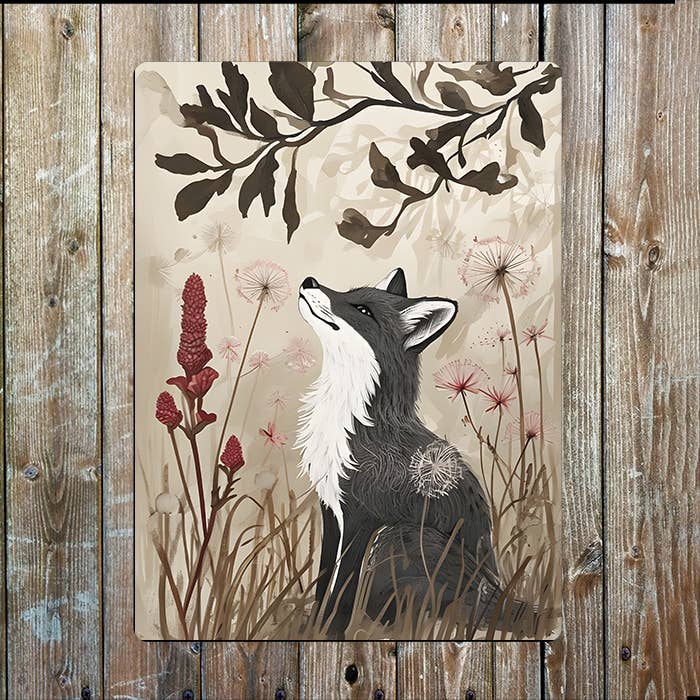 Gray Fox Lush Grasses And Flowers Meadow | Metal Sign Plaque