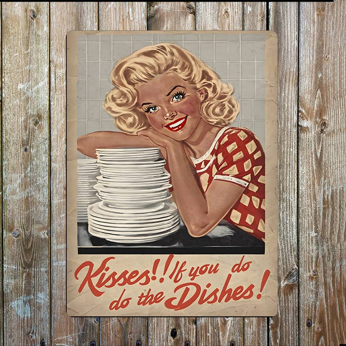 Kisses If You Do The Dishes Kitchen Retro | Metal Sign Plaque