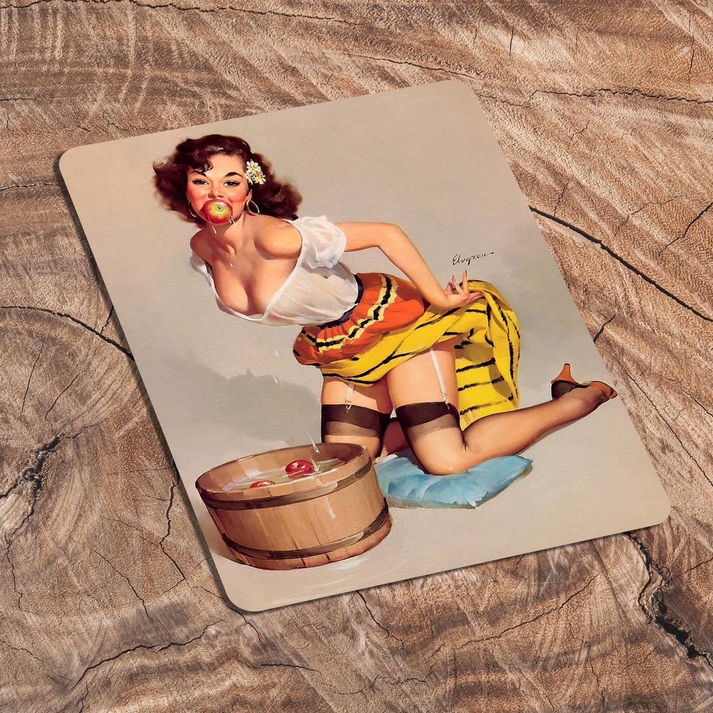 Pin Up Girl Apple Bobbing Metal Art Wall Sign