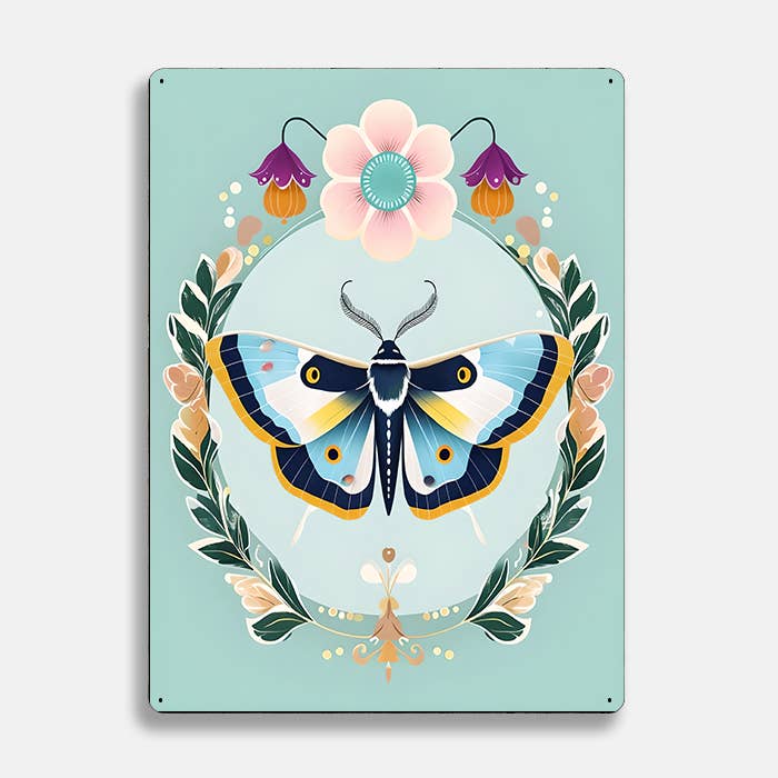 Moth Floral Wreath scandinavian folk | Metal Sign Plaque