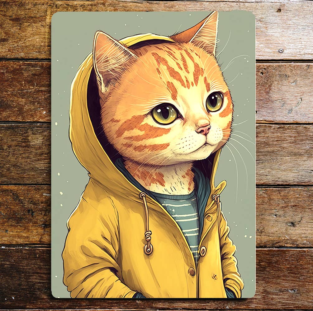 Cute Tiger Cat Jumper Yellow Coat | Metal Sign Plaque